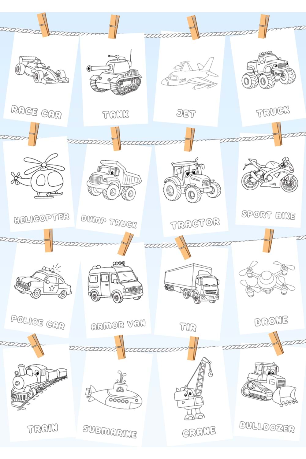 ÇOCUKLAR İÇİN TAŞITLAR BOYAMA KİTABI 1 - İNGİLİZCE KELİMELERLE EĞİTİCİ