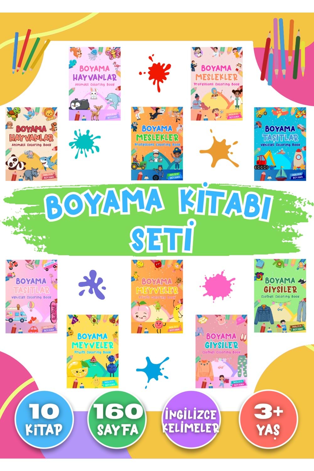 ÇOCUKLAR İÇİN 10’LU BOYAMA KİTABI SETİ - İNGİLİZCE KELİMELER - 10 KİTAP - 160 SAYFA