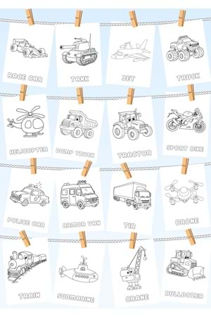 ÇOCUKLAR İÇİN TAŞITLAR BOYAMA KİTABI 1 - İNGİLİZCE KELİMELERLE EĞİTİCİ