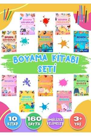 ÇOCUKLAR İÇİN 10’LU BOYAMA KİTABI SETİ - İNGİLİZCE KELİMELER - 10 KİTAP - 160 SAYFA