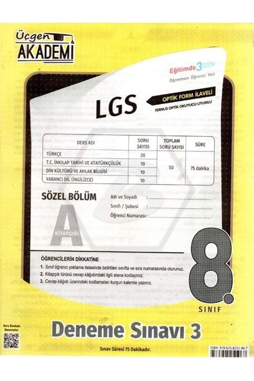 ÜÇGEN AKADEMİ 8.SINIF - LGS 3. SAYI KURUMSAL DENEME - SÖZEL